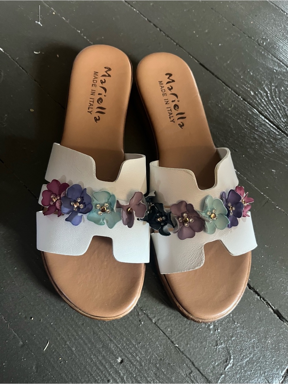Marcella White Leather Slide Sandals with Multicolor Floral Accents